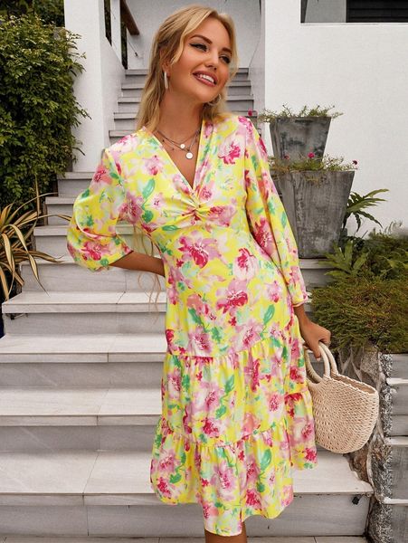 

floral print twisted front bishop sleeve ruffle hem dress h563#, Black;gray