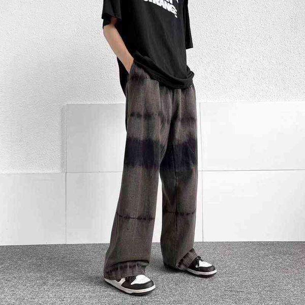 

japanese fashion retro tie-dye straight wide-leg jeans men's tide brand hiphop street loose all-match zcsmll t220726, Blue