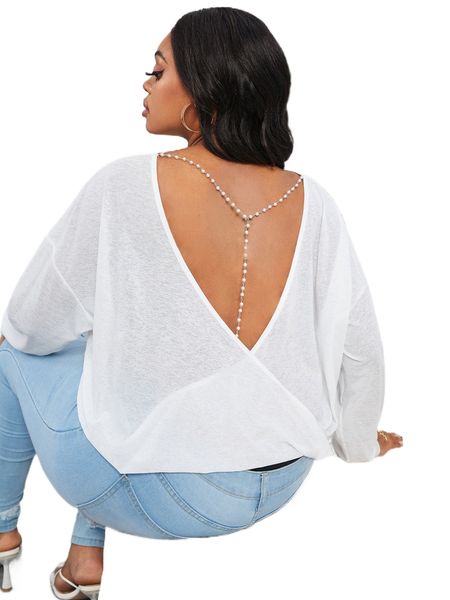 

sxy plus pearl chain back drop shoulder tee o3vj#, Black