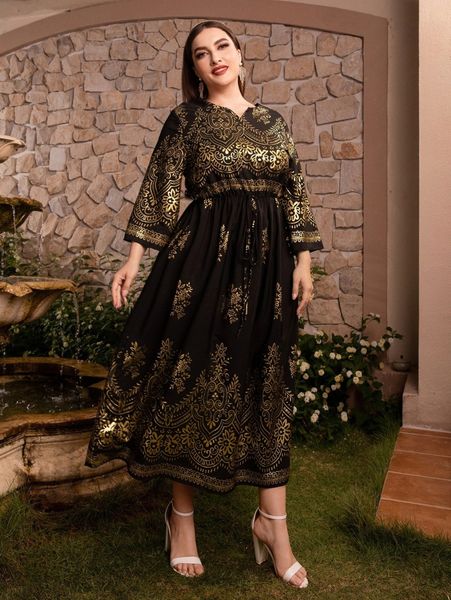 

plus gold floral print notched neckline dress m4ac#, Black