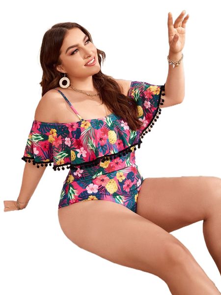 

plus tropical pom-pom trim flounce one piece swimsuit g1qd#, White;black