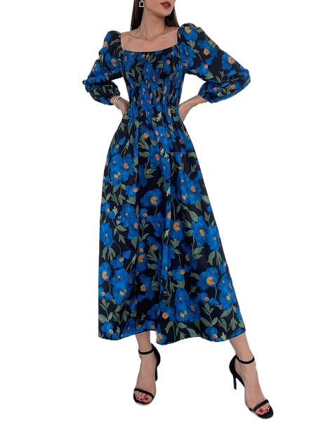 

allover floral print milkmaid dress without belt u6yr#, Black;gray