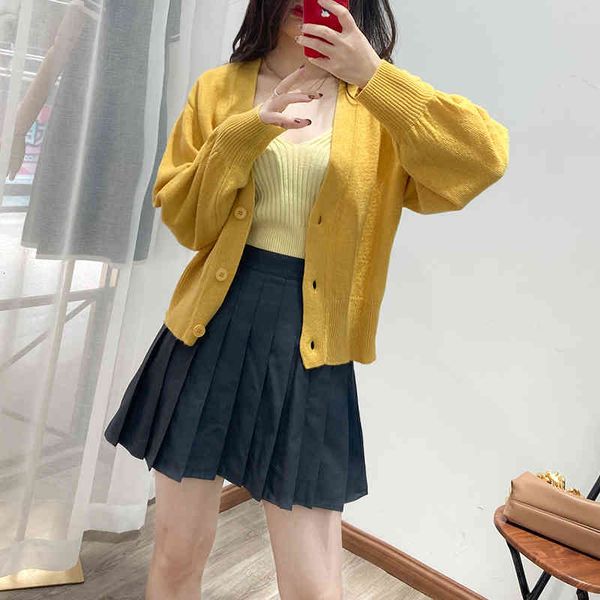 

women's sweaters autumn and winter short loose lazy style long sleeved knitted cardigan women's french v-neck outerwear hglx, White;black