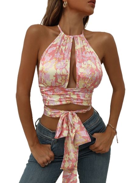 

allover floral print ruched tie backless satin halter k7vr#, White