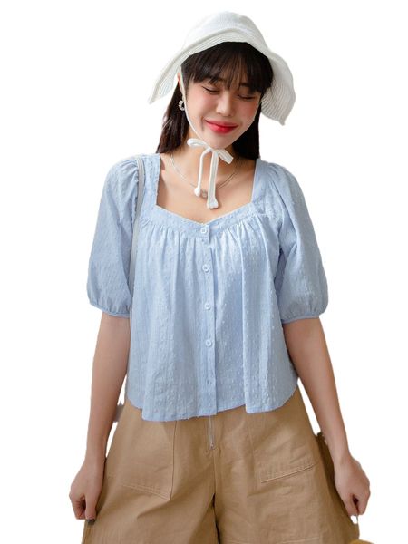 

dazy swiss dot sweetheart neck puff sleeve button through blouse x6gp#, White