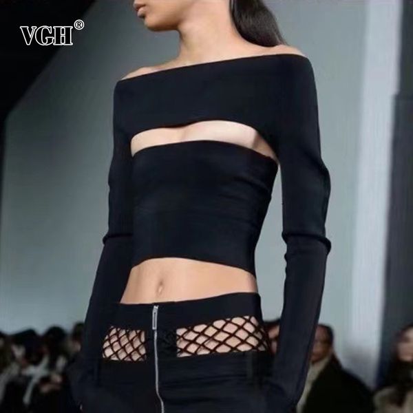 

hollow out knitted t shirt for women slash neck long sleeve slim shirts female fashion clothing spring ide 210507, White