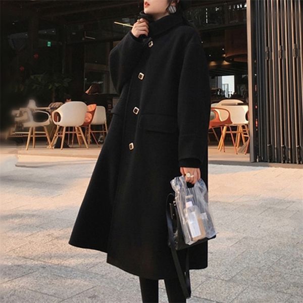 

black long wool coat women winter overcoat 2020 vintage button woolen coats fashion korean loose warmness female office outwear t200814