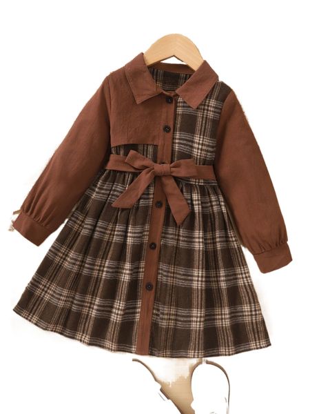 

toddler girls plaid print belted shirt dress b9ij#, Black;white