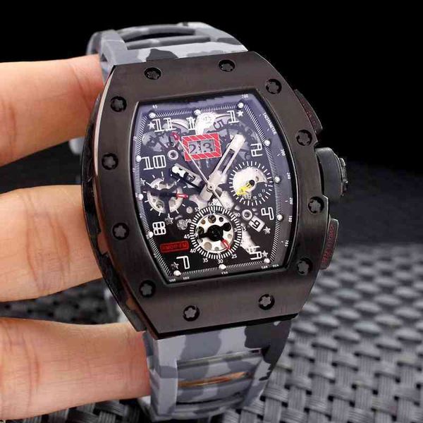 

luxury mens mechanics watch richa milles automatic mechanical skeleton full black flyback camouflage rubber men stainless steel sapphire, Slivery;brown