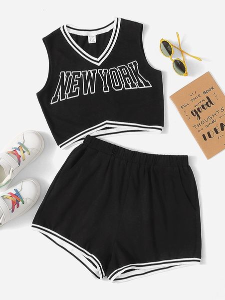 

teen girls letter graphic contrast trim tank & shorts she, White