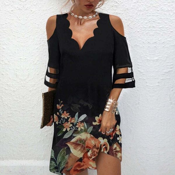 

2022 elegant v neck dress women summer off shoulderlace mesh patchwork mini dress female loose floral print beach short dress, Black;gray