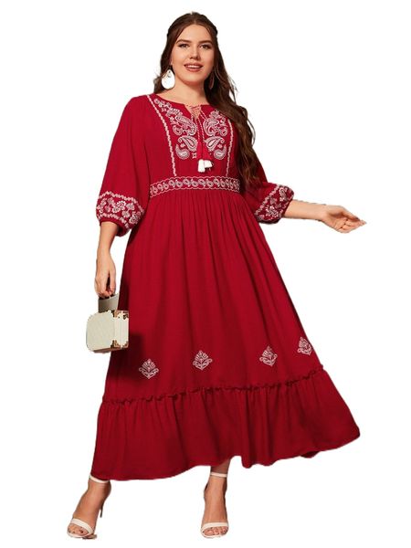 

plus paisley print tie front lantern sleeve ruffle hem dress q0f2#, Black