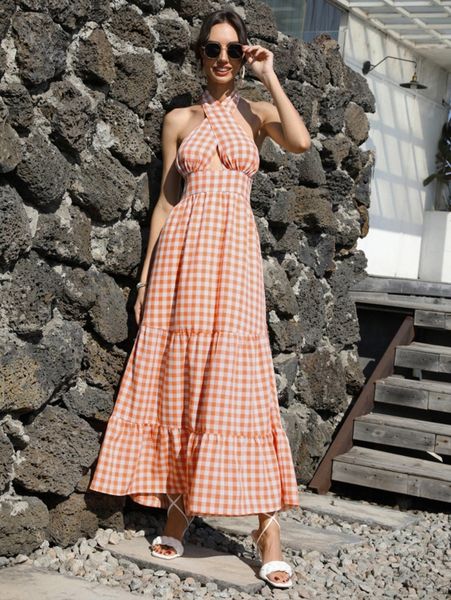 

gingham backless halter neck flounce hem dress i9mu#, Black;gray