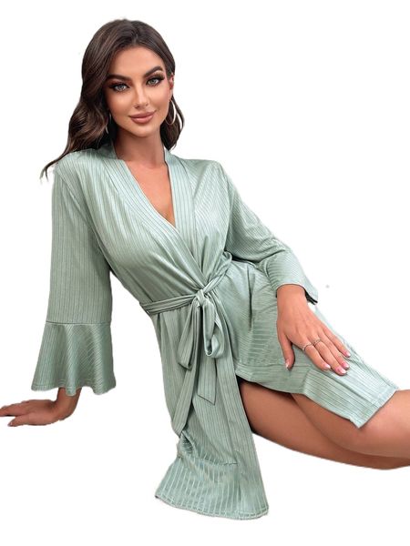 

flounce sleeve ruffle hem belted sleep robe x65k#, Black;red