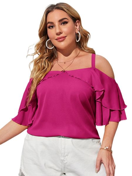 

plus cold shoulder ruffle trim q5ba#, Black