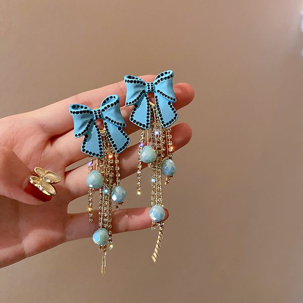 

925 silver needle korean style tassel super fairy shiny one style for dual-wear diamond crystal bow earrings eardrop earring women, Golden
