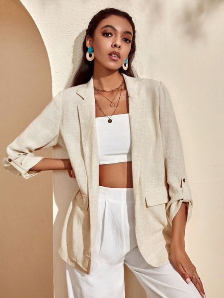 

flap detail roll tab sleeve open front blazer 23wo#, White