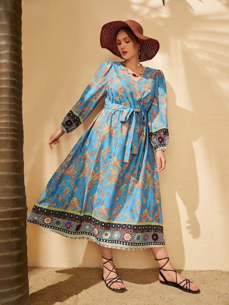 

plus surplice neck self belted paisley print dress 21je#, Black