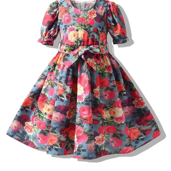 

little girl's printed belt dress she, Red;yellow