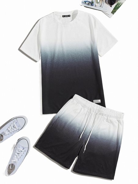 

men patched ombre & drawstring waist shorts set v36w#, Gray