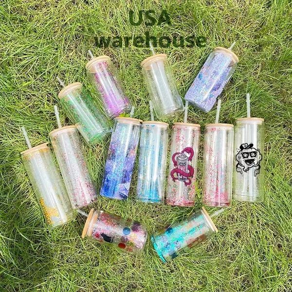 

12oz 16oz 20oz double wall sublimation glass mugs snow globe glass tumblers pre-drilled beer frosted drinking glasses can with bamboo lid an