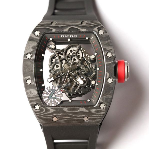 

men's watch black carbon fiber case mechanical automatic butterfly buckle rubber multicolor strap hollow movement ricro, Slivery;brown