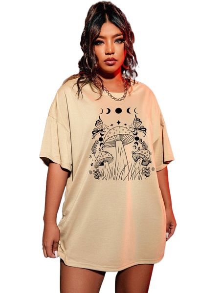 

plus mushroom & moon print drop shoulder tee y51z#, Black