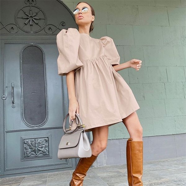 

women mini dress casual o-neck lantern sleeve loose a-lin streetwear female elegant simple solid party summer 220425, Black;gray