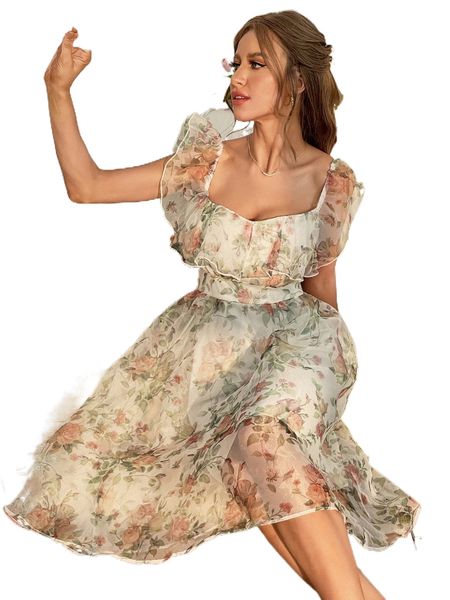 

allover floral print ruffle trim organza dress n3lv#, Black;gray