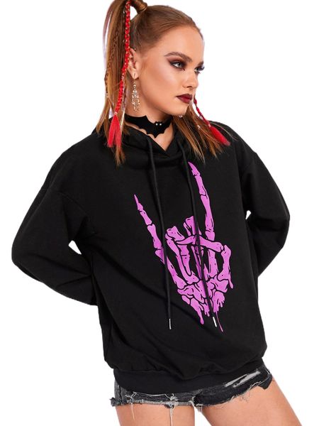 

finger skeleton print drop shoulder drawstring hoodie f6r9#, Black