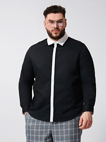 

extended sizes men contrast collar curved hem shirt b5m4#, White;black