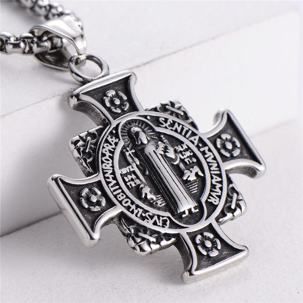 

new style 316 stainless steel pendant saint benedict exorcism plate round cross religious men's necklaces & pendants, Silver