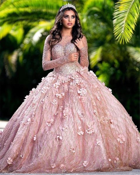 Rose Gold Pálido Pink Quinceanera Vestidos 3D Floral Ilusão Floral Manga Longa Lace-Up Corset Back Tulle Tule Feminino Prom Sweet 15 16 Vestido XV Party Wear