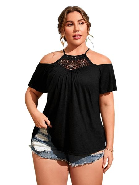 

plus guipure lace insert cold shoulder tee b1i9#, Black