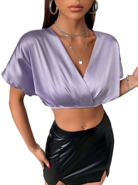 

surplice neck batwing sleeve crop satin blouse z0ox#, White