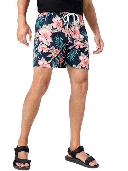 

men tropical print drawstring waist shorts e07j#, White;black