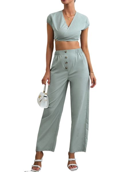 

tie back crop wrap with straight leg pants l1jw#, White