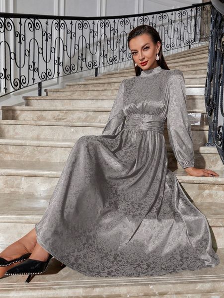 

floral jacquard mock neck ruched satin formal dress t2ra#, Black;gray