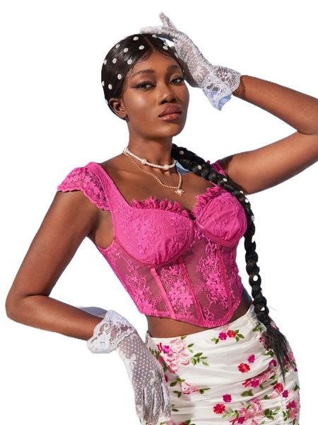 

floral embroidery zip back bustier crop mesh u4j3#, White