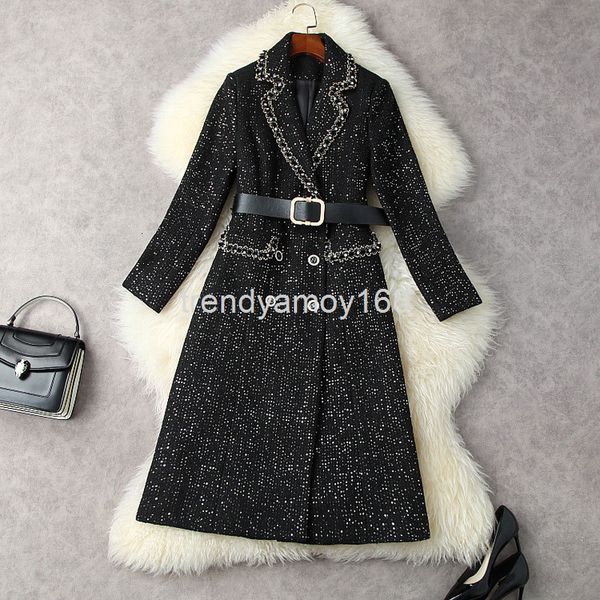

women's wool & blends winter women's glittering sequin suit collar high waist tweed double breasted coat t12818, Black