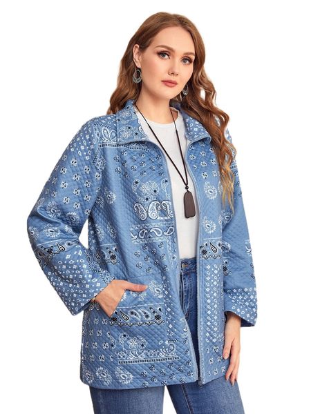 

plus paisley scarf print quilted coat l5r3#, Black