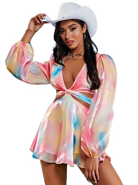 

tie dye deep v neck tie back dress o5fs#, Black;gray