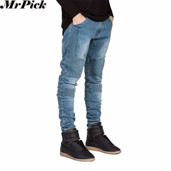 

2016 men skinny jeans men runway slim racer biker jeans strech hiphop jeans for men y2036 cj191210, Blue