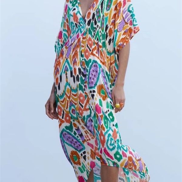 

kumsvag summer women loose dress fashion print short sleeve vneck female elegant street split midcalf dresses vestidos 220704, Black;gray