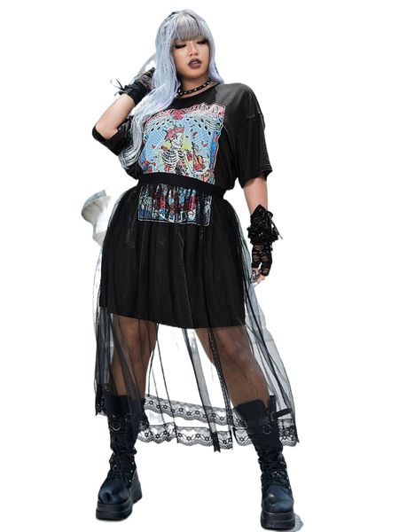 

plus skeleton & slogan graphic drop shoulder dress & mesh skirt 98gd#, Black
