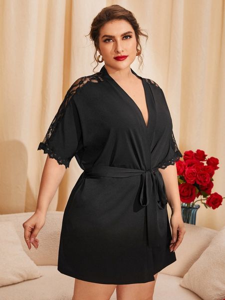 

plus contrast lace belted sleep robe without lingerie g2pv#, Black;white