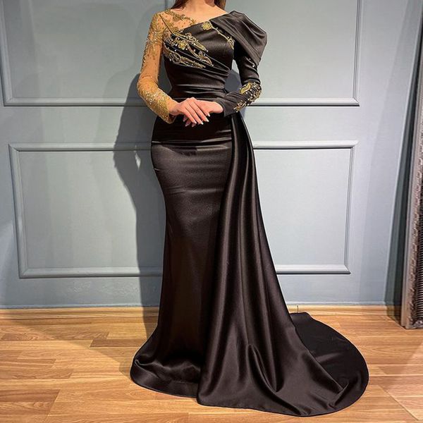 Schwarze Meerjungfrau-Abschlussballkleider, sexy Satin, lange Ärmel, applizierte Stickereien, Pailletten, bodenlang, Satin, Übergröße, luxuriöse formelle Partykleider nach Maß