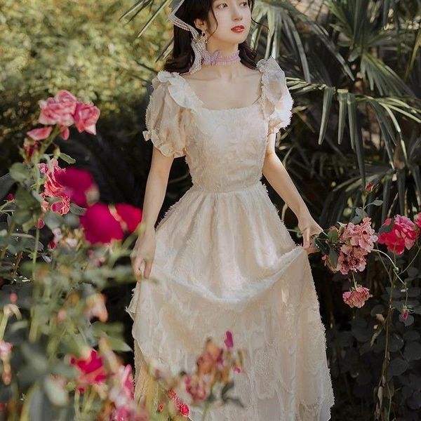 

casual dresses vintage dress women elegant puff sleeve chiffon fairy summer embroidery floral french style 2022, Black;gray