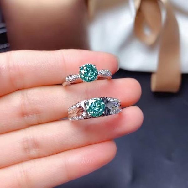 

cluster trendy rings green moissanite couples diamond ring pass tested perfect cut s925 sterling silver men's women's engagement j, Golden;silver