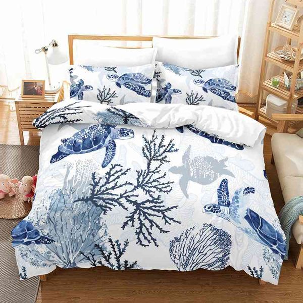Deniz kaplumbağı nevresim kapak seti yastık kılıfları okyanus hayvan yatak kraliçe ikiz çocuk ev tekstil harita mercan yorgan kral